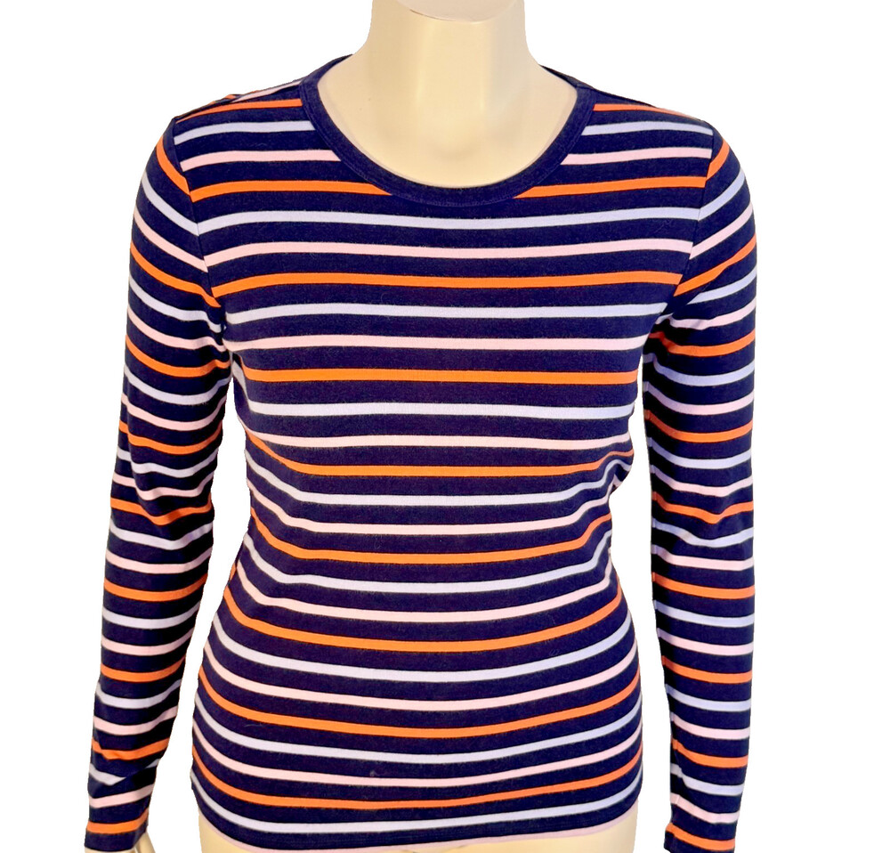 GAP Favorite Tee Shirt Women's L Navy Blue Crew Neck Long Sleeve Striped Preppy